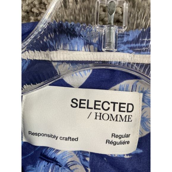 Selected Homme Shirt Mens Large 16.5 Blue White Hawaiian Casual Button Up - Picture 5 of 12